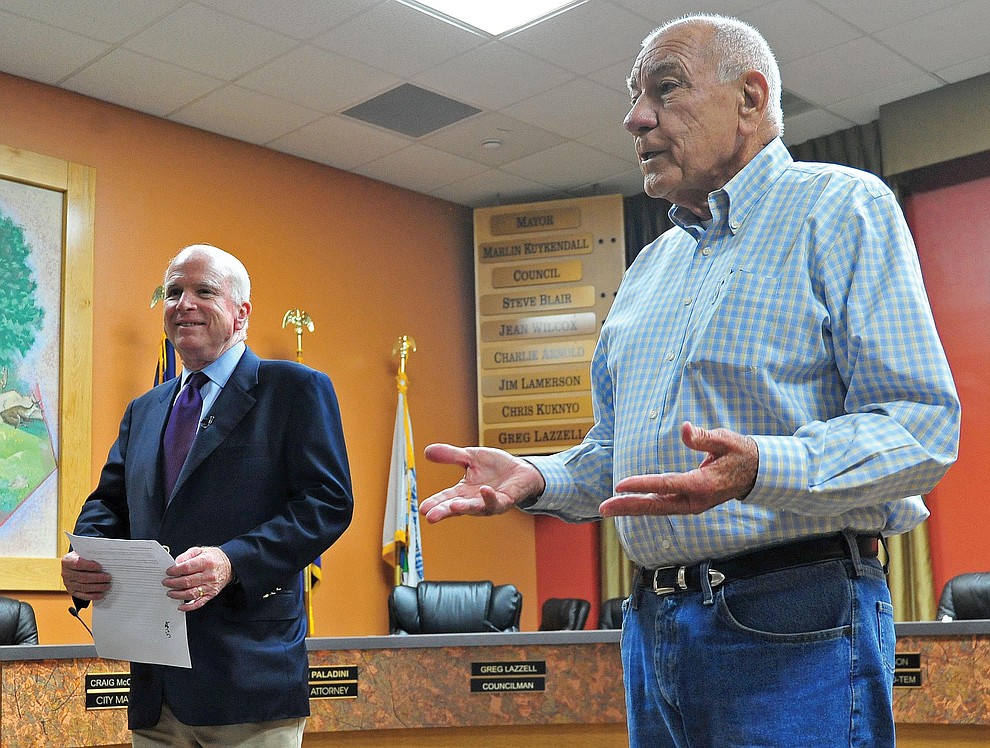 Prescott 08-29-14.Matt Hinshaw/The Daily Courier.Prescott Mayor Marlin Kuykendall introduces Senator John McCain before the start of a town hall style meeting Friday afternoon at the Prescott City Council Chambers. Friday also happened to be McCain's 78th birthday.