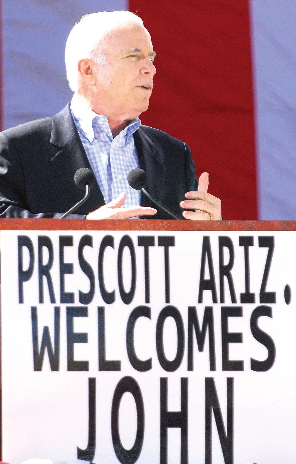 Prescott -- 04-04-08.The Daily Courier/Matt Hinshaw.Republican presidential candidate and Arizona Senator John McCain, speaks in front of the Yavapai County Courthouse Saturday morning in Prescott.