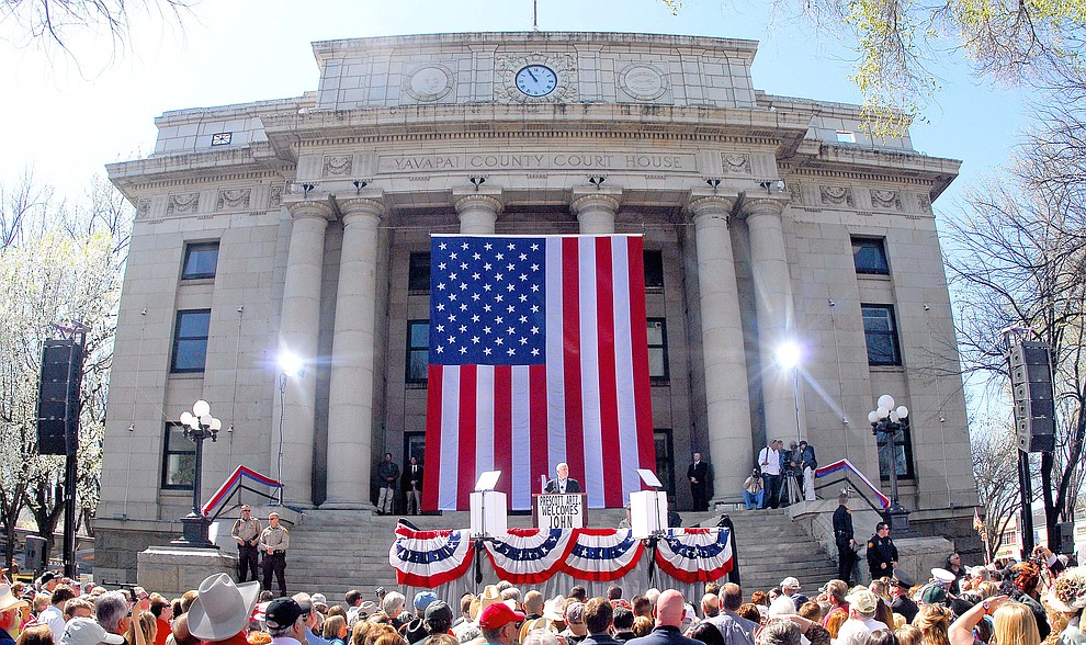 Prescott -- 04-04-08.The Daily Courier/Matt Hinshaw.Republican presidential candidate and Arizona Senator John McCain, speaks on the steps of the Yavapai County Courthouse Saturday morning in Prescott.