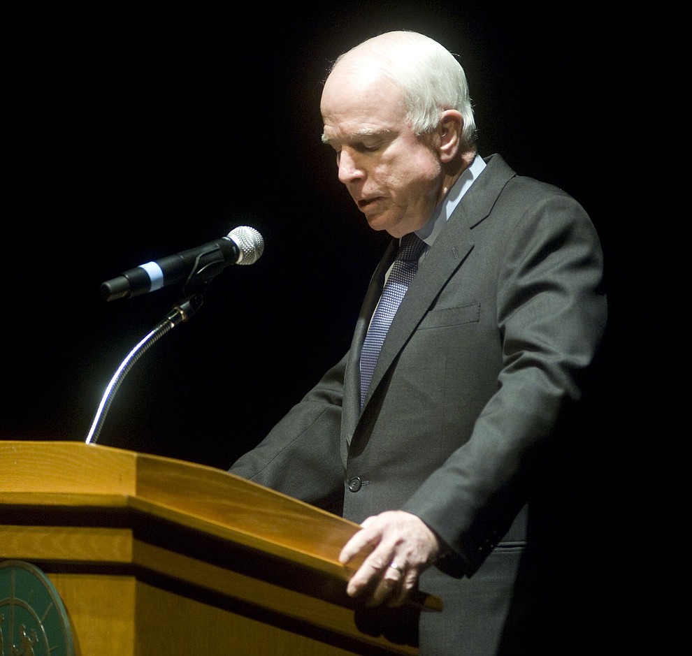 Prescott - March 7, 2015.Les Stukenberg/The Daily Courier.United States Senator John McCain speaks during the memorial service for Kayla Mueller in the Yavapai College Performance Hall Saturday, March 7.
