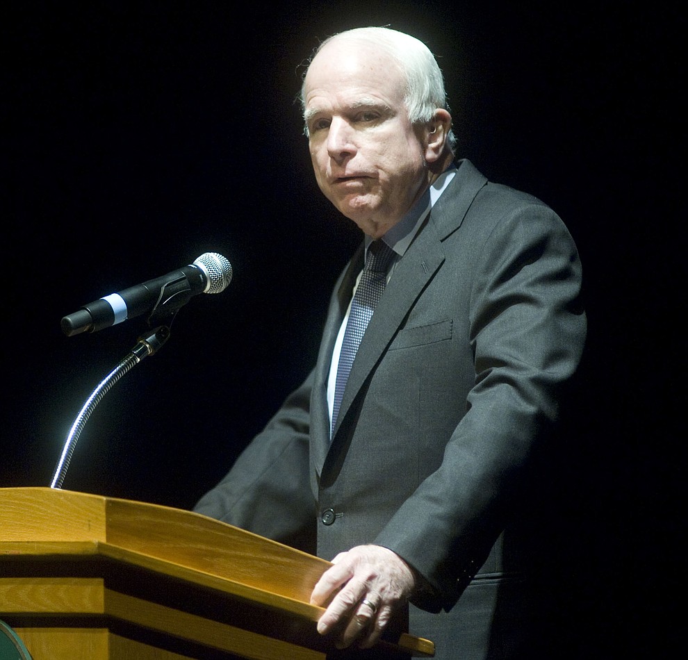 Prescott - March 7, 2015.Les Stukenberg/The Daily Courier.United States Senator John McCain speaks during the memorial service for Kayla Mueller in the Yavapai College Performance Hall Saturday, March 7.