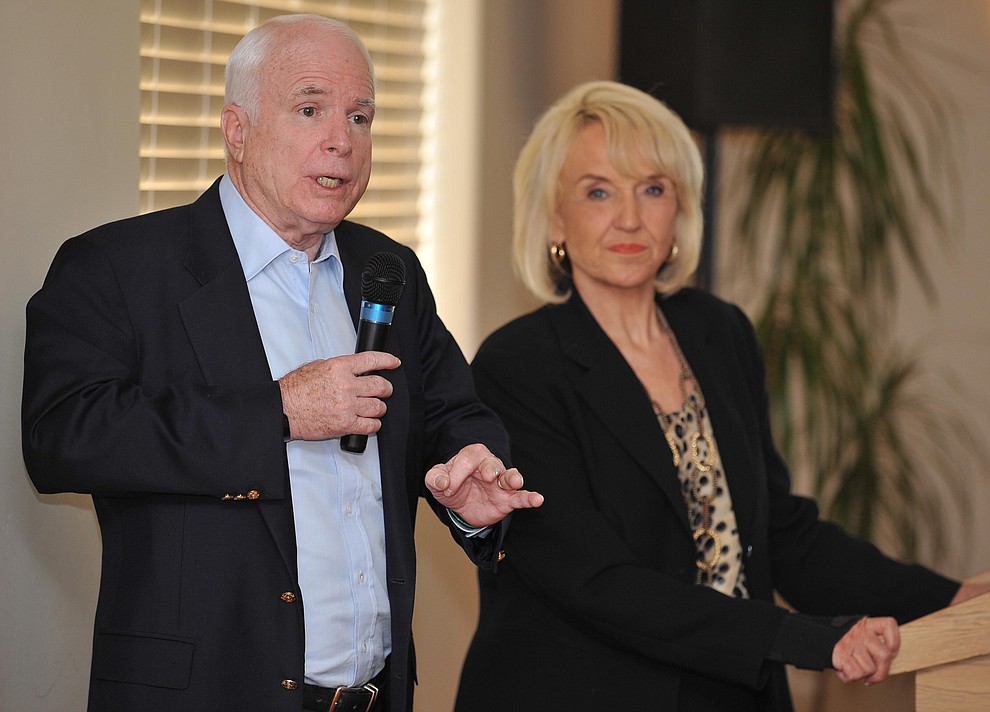 Prescott Valley- August 27, 2010.Les Stukenberg/The Daily Courier.Arizona Senator John McCain and Arizona Governor Jan Brewer answer questions from the audience at the Yavapai Business Leaders monthly coffee at the Stoneridge Golf Clubhouse Friday morning.