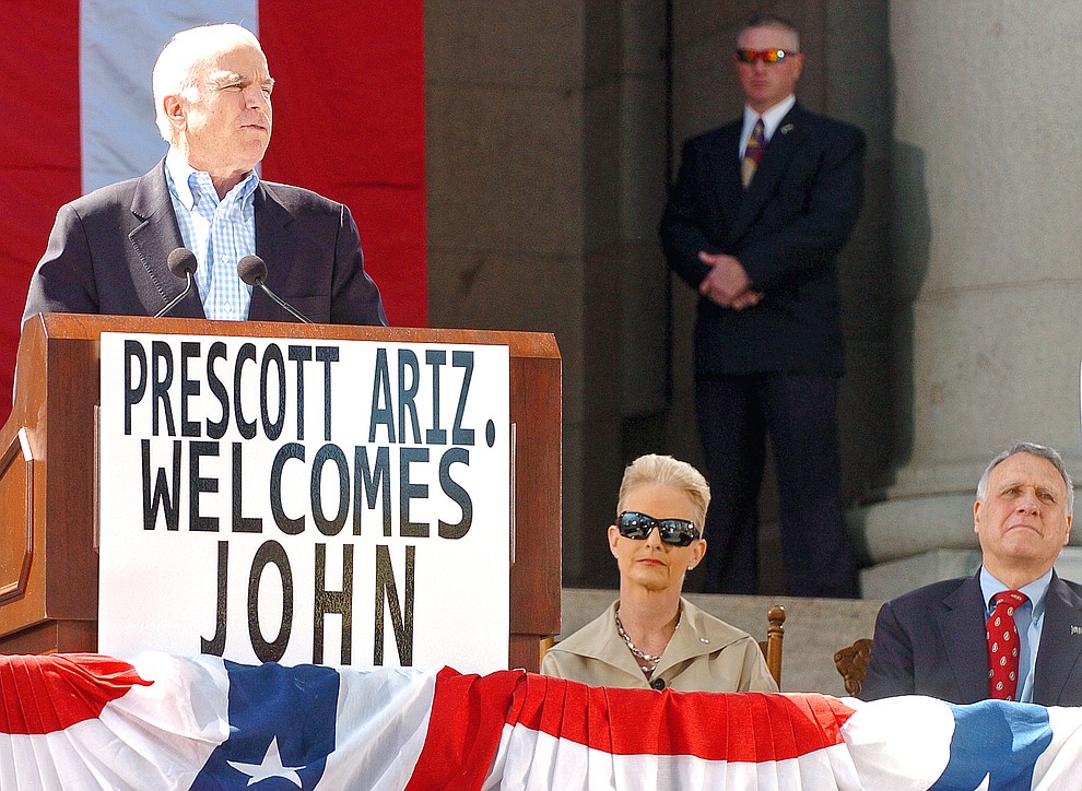 Prescott -- 04-04-08.The Daily Courier/Matt Hinshaw.AZ Senator and Republican Presidential Candidate John McCain talks on the steps of the Yavapai County Courthouse in Prescott, Ariz. .FOR USE ON www.dcourier.com ONLY!