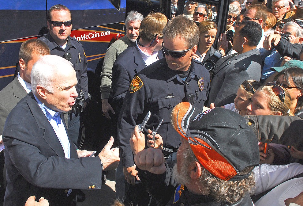 Prescott -- 04-04-08.The Daily Courier/Matt Hinshaw.AZ Senator and Republican Presidential Candidate John McCain talks on the steps of the Yavapai County Courthouse in Prescott, Ariz. .FOR USE ON www.dcourier.com ONLY!