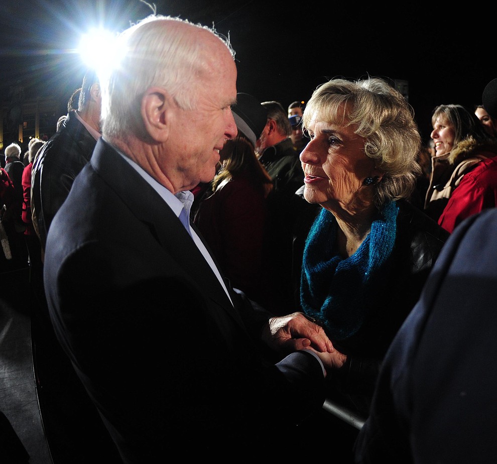 Prescott - November 3, 2014.Les Stukenberg/The Daily Courier.United States Senator John McCain and Prescott Valley Vice Mayor Lora Lee Nye say hello during the Republican Party Victory Rally on the Yavapai County Courthouse Plaza Monday night.