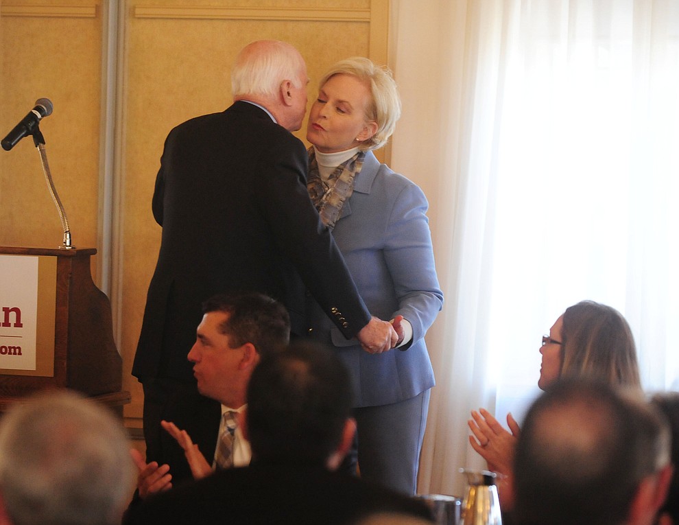 Cindy McCain introduces her husband Senator John McCain as he speaks at the Tri-Chamber Luncheon Tuesday afternoon in Prescott. (Les Stukenberg/The Daily Courier)