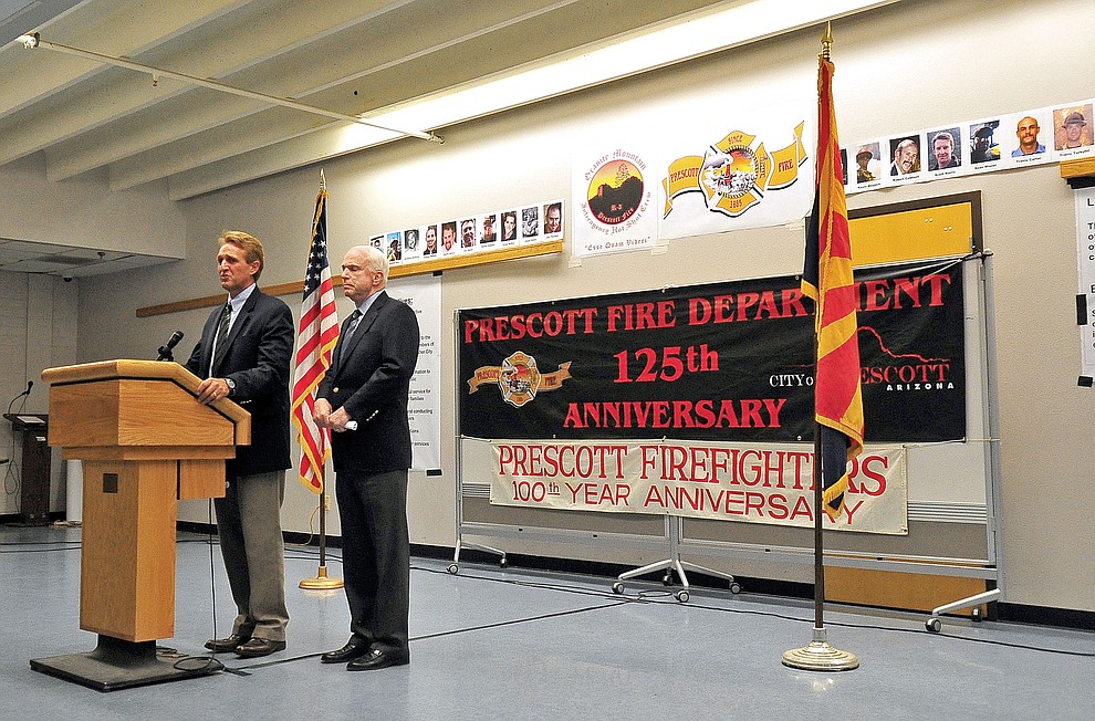 Prescott 07-05-13.Matt Hinshaw/The Daily Courier.Arizona Senators John McCain and Jeff Flake talk with the media about the Yarnell Fire, meeting with the Granite Mountain Hotshots families, and Egypt Friday afternoon during a press conference at the Prescott High School cafeteria.