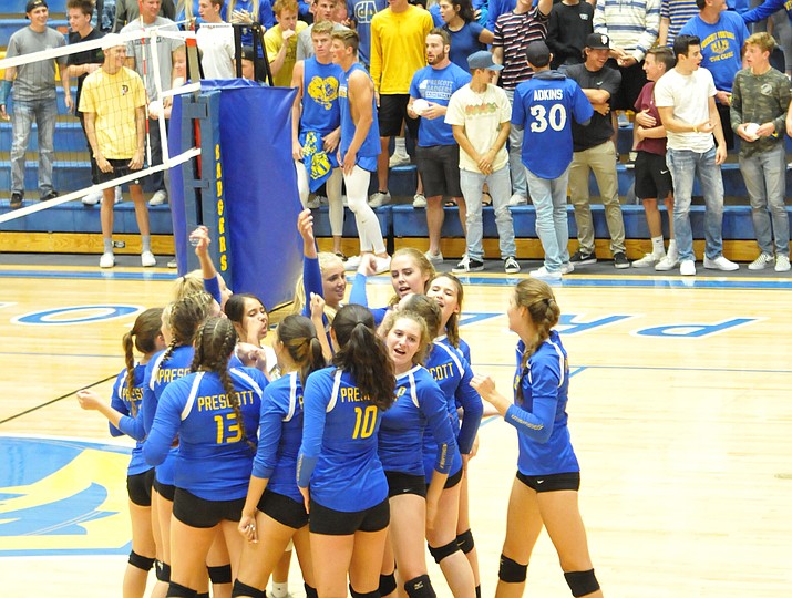 The Prescott volleyball team cheers before playing Youngker in its season opener Tuesday, Aug. 28, 2018, in Prescott. The Badgers lost 3-1 to the Roughriders on Tuesday night. Due to election coverage, the Courier sports section was sent to press at 10 p.m. (Doug Cook/Courier)