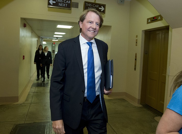 White House counsel Don McGahn, follows Supreme Court nominee Judge Brett Kavanaugh to his meeting with Senate Minority Leader Chuck Schumer, D-N.Y., at Capitol Hill in Washington on Tuesday, Aug. 21, 2018. (Jose Luis Magana/AP Photo)