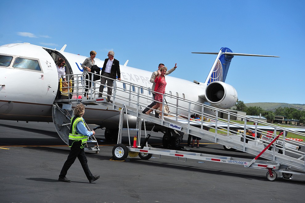 Passengers deplane as United Express officially opened for business at the Prescott Regional Airport  Wednesday, August 29, 2018. (Les Stukenberg/Courier)