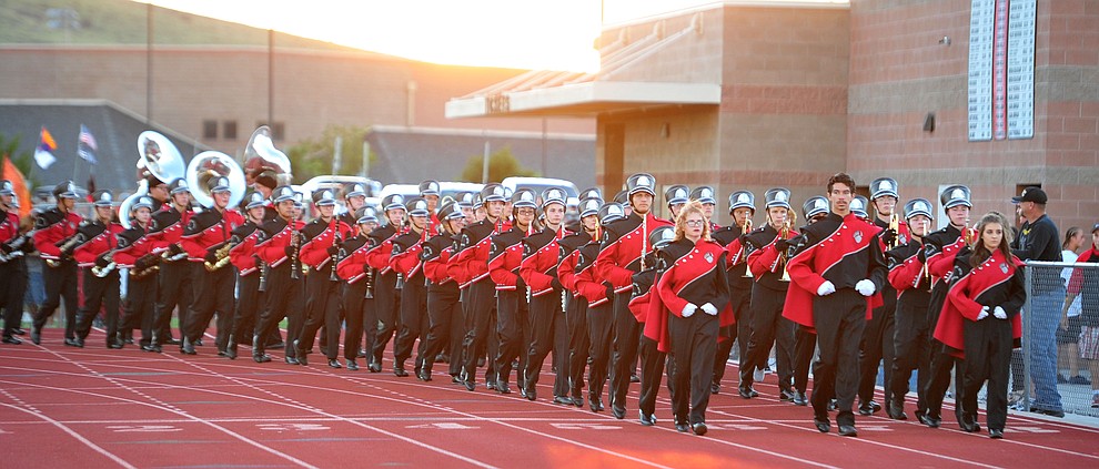 Bradshaw Mountain's band takes the field as the Bears take on the Youngker Roughriders in their home opener Friday, August 31, 2018 in Prescott Valley. (Les Stukenberg/Courier)
