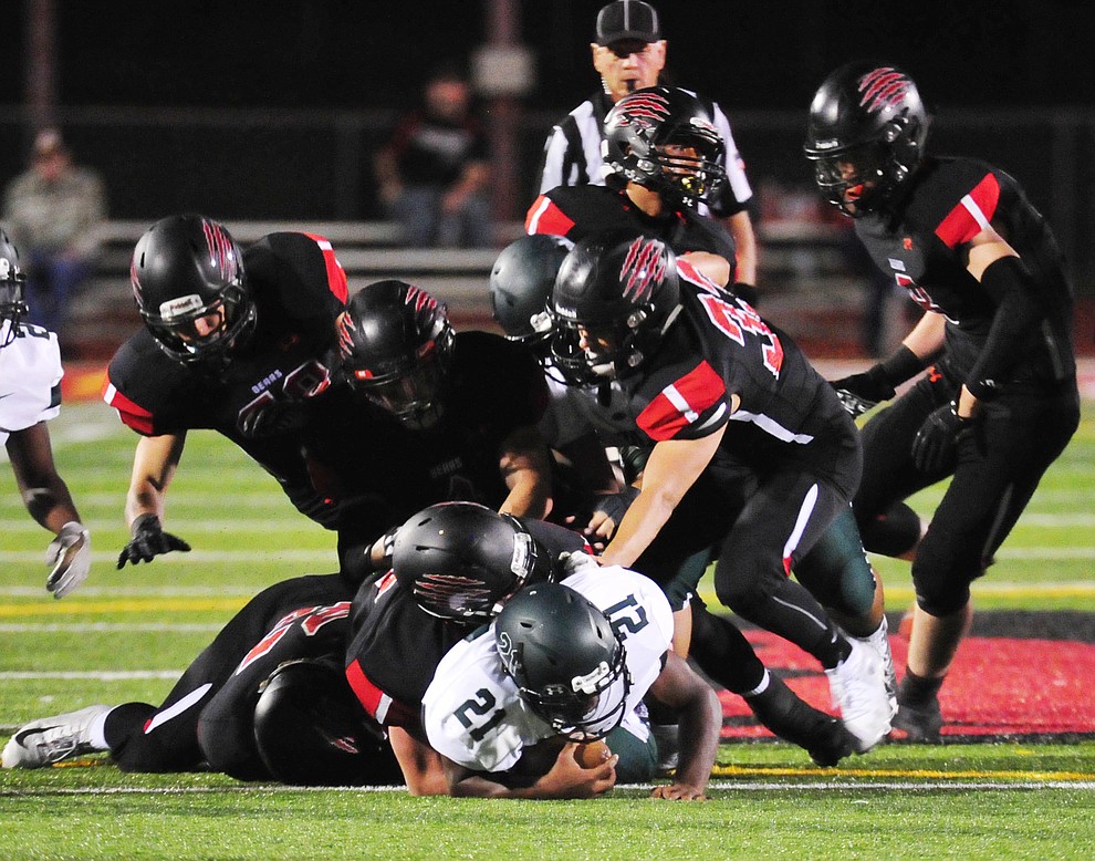 Bradshaw Mountain's defense was swarming the ball carrier in the first half as the Bears take on the Youngker Roughriders in their home opener Friday, August 31, 2018 in Prescott Valley. (Les Stukenberg/Courier)