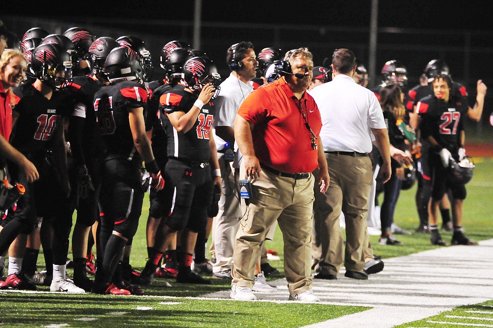 Bradshaw Mountain Head Coach Chuck Moeller on the sideline as the Bears take on the Youngker Roughriders in their home opener Friday, August 31, 2018 in Prescott Valley. (Les Stukenberg/Courier)