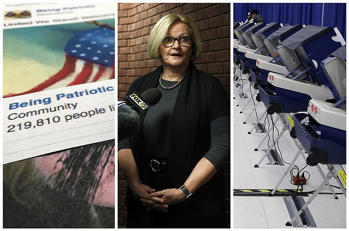This combination of 2017-18 photos shows from left, a Facebook posting from a group named "Being Patriotic" attributed to Russian agents by the U.S. House Intelligence Committee, Democratic Sen. Claire McCaskill of Missouri whose campaign was targeted by Russian hackers and voting machines in Chicago after hackers found a way into the voter registration database at the Illinois State Board of Elections in mid-2016. (Jon Elswick, Jeff Roberson, Kiichiro Sato/AP)

