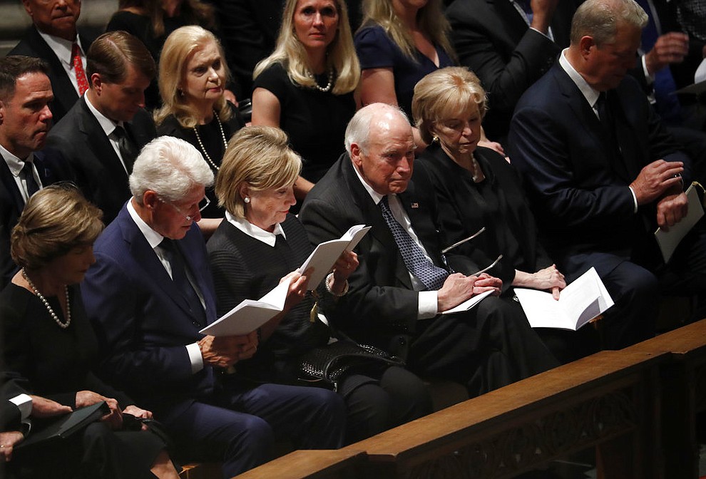 From left, former first lady Laura Bush, former President Bill Clinton, former Secretary of State Hillary Clinton, former vice president Dick Cheney and his wife Lynne and former vice president Al Gore arrive at a memorial service for Sen. John McCain, R-Ariz., at Washington Nationals Cathedral in Washington, Saturday, Sept. 1, 2018. McCain died Aug. 25, from brain cancer at age 81. (AP Photo/Pablo Martinez Monsivais)
