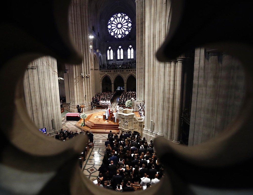 Dignitaries and invited guests attend a memorial service for Sen. John McCain, R-Ariz., at Washington National Cathedral in Washington, Saturday, Sept. 1, 2018. McCain died Aug. 25, from brain cancer at age 81. (AP Photo/Pablo Martinez Monsivais)