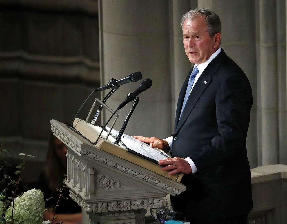 Former President George W. Bush speaks at a memorial service for Sen. John McCain, R-Ariz., at Washington National Cathedral in Washington, Saturday, Sept. 1, 2018. McCain died Aug. 25, from brain cancer at age 81. (AP Photo/Pablo Martinez Monsivais)