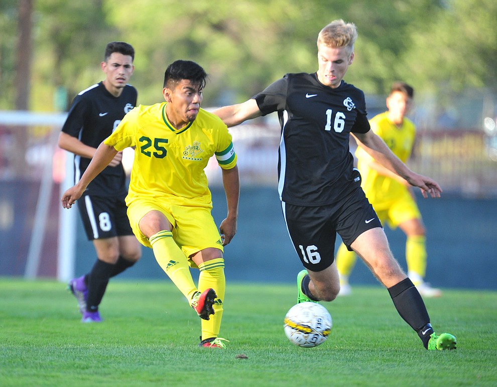 Yavapai's Jose Perez Flores passes the ball as the Roughriders take on Chandler/Gilbert in their home opener Saturday Sept. 1, 2018 in Prescott. (Les Stukenberg/Courier)