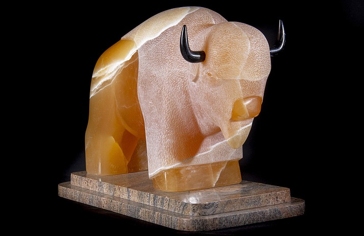 “Tatanka” by Larry Yazzie, calcite, 14” x 18” x 10”. At Turquoise Tortoise, a Bryant Nagel Gallery in Sedona.