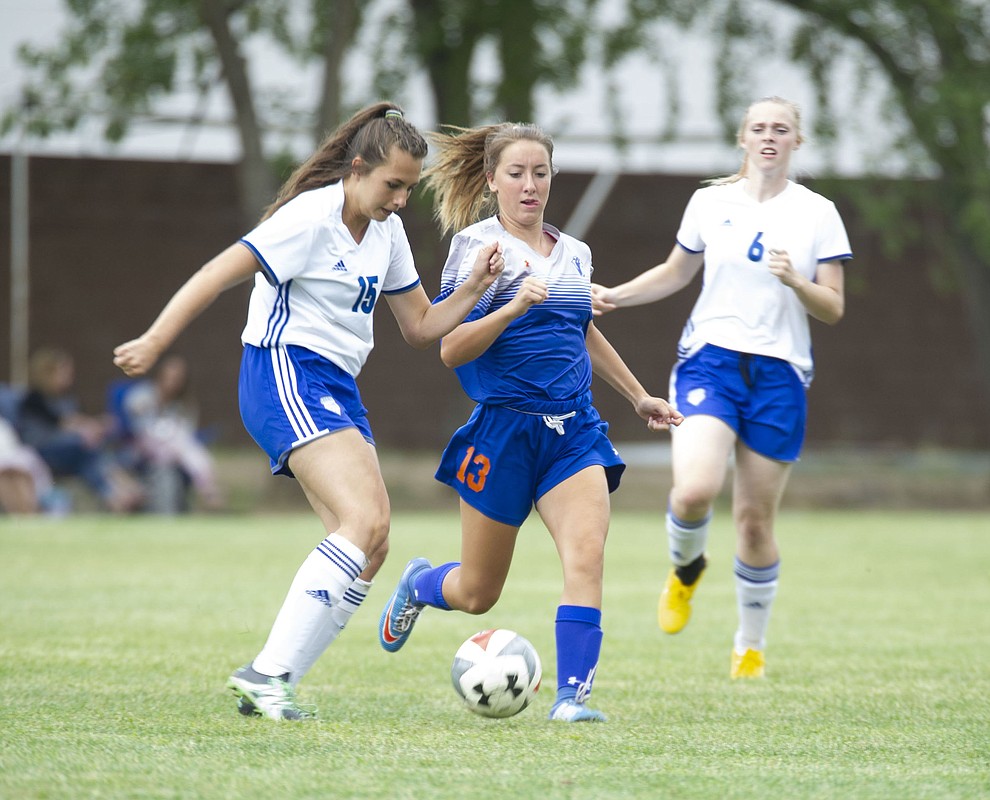 Chino Valley's Jessica Krogh drives the ball as the Cougars take on Snowflake at home Tuesday Sept. 4, 2018. (Les Stukenberg/Courier)