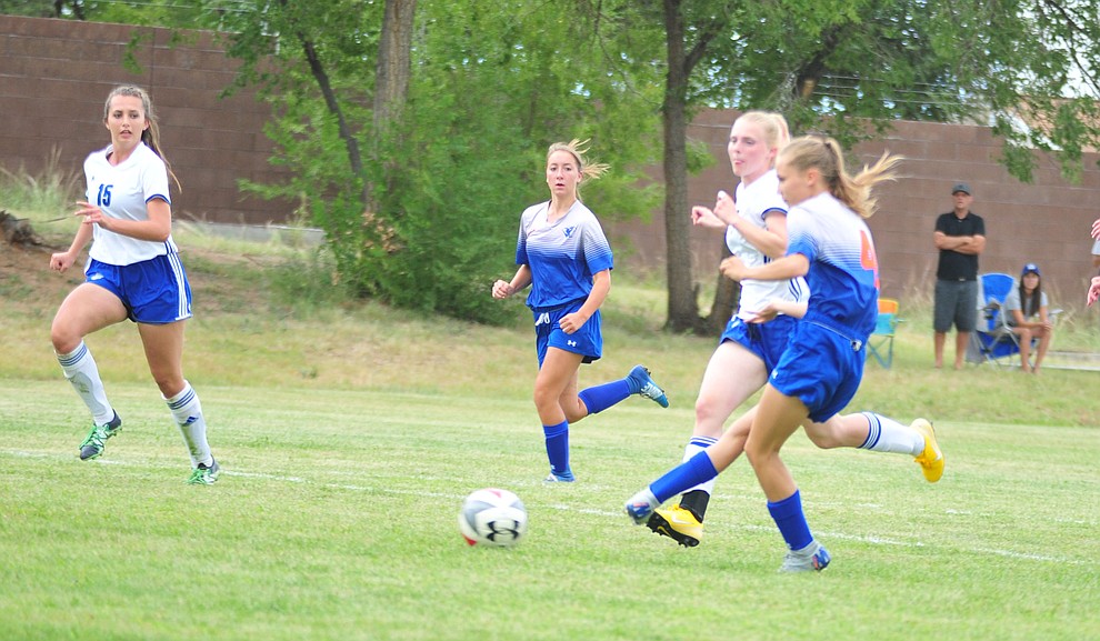 Chino Valley's Madison Foster scores as the Cougars take on Snowflake at home Tuesday Sept. 4, 2018. (Les Stukenberg/Courier)