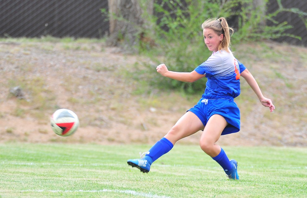 Chino Valley's Jessica Krogh takes a shot on goal as the Cougars take on Snowflake at home Tuesday Sept. 4, 2018. (Les Stukenberg/Courier)