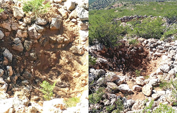 August 26, Site Watch volunteers discovered active vandalism at the site in Cornville, as evidenced by freshly dug soil and collection buckets. The vandals were digging in an ancient dwelling room apparently in search of possible artifacts to sell. Photos courtesy of  the Verde Valley Archaeology Center. 