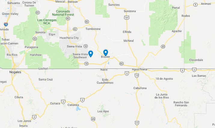 Authorities say a Hereford, Arizona woman has been arrested for allegedly smuggling two immigrants into the country near Bisbee. (Google Maps)