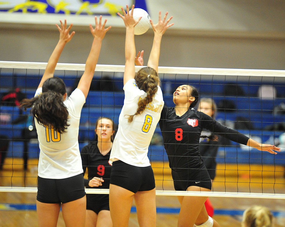 Bradshaw Mountain's Mailani Manuel (8) goes for a kill as the Bears traveled to Prescott for a cross-town volleyball matchup against the Badgers Thursday Sept. 6, 2018. (Les Stukenberg/Courier)