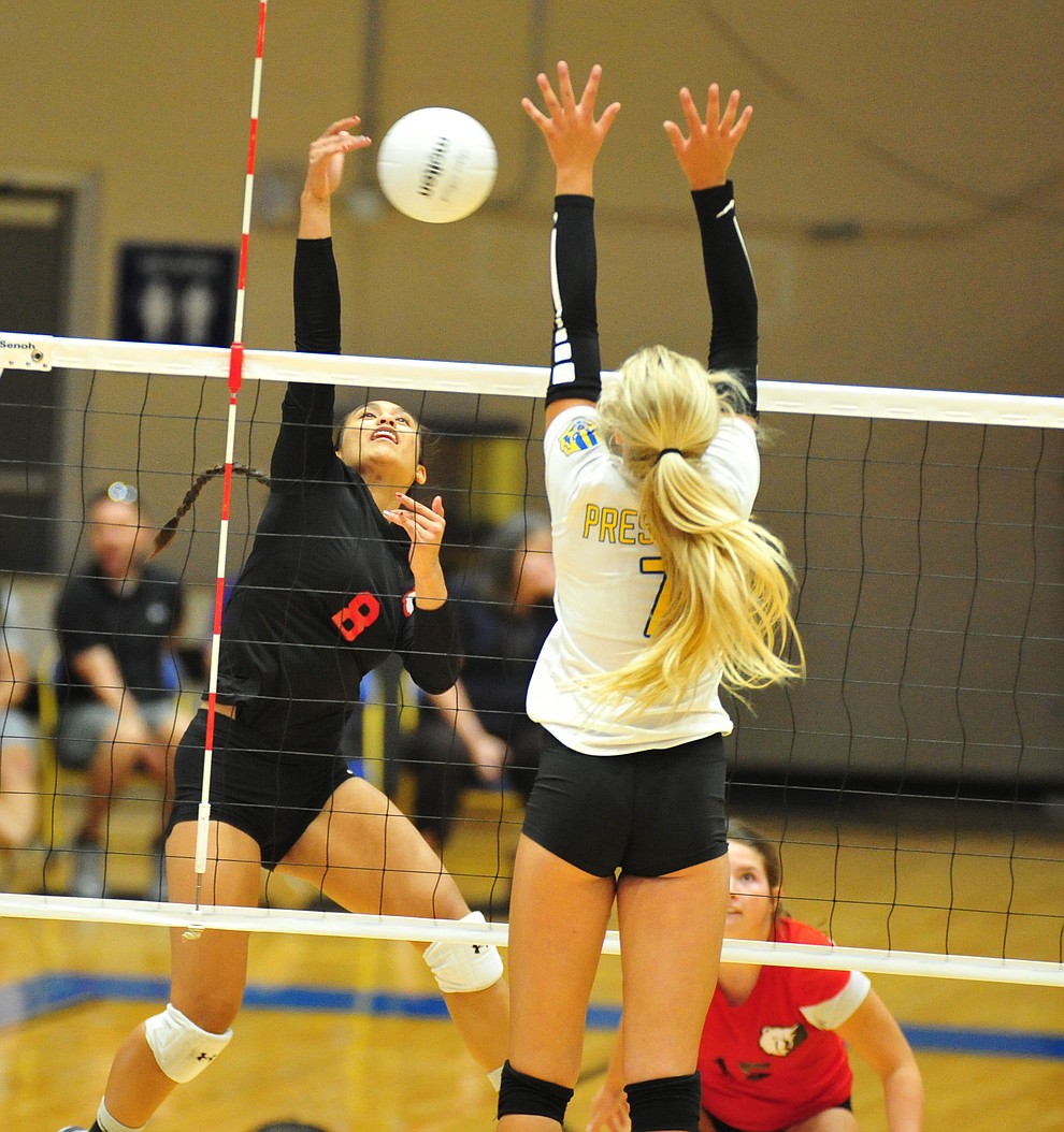 Bradshaw Mountain's Mailani Manuel (8) goes for a kill as the Bears traveled to Prescott for a cross-town volleyball matchup against the Badgers Thursday Sept. 6, 2018. (Les Stukenberg/Courier)
