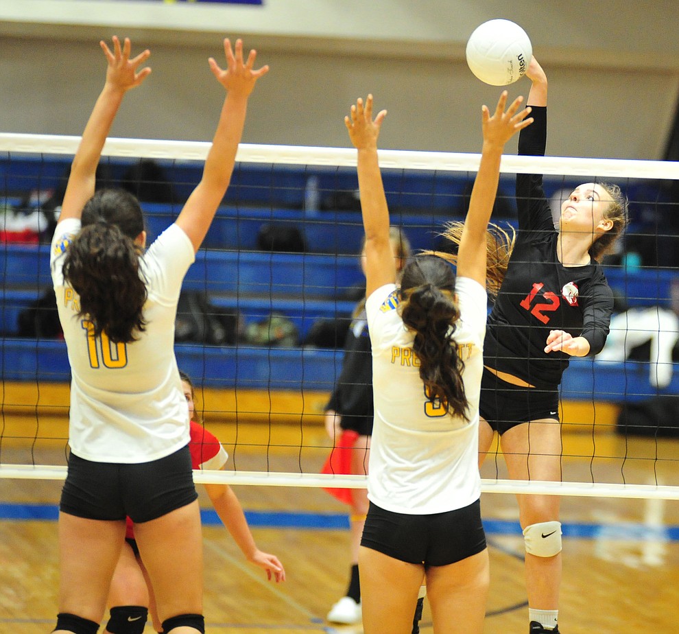Bradshaw Mountain's Jordyn Moser goes for a kill as the Bears traveled to Prescott for a cross-town volleyball matchup against the Badgers Thursday Sept. 6, 2018. (Les Stukenberg/Courier)