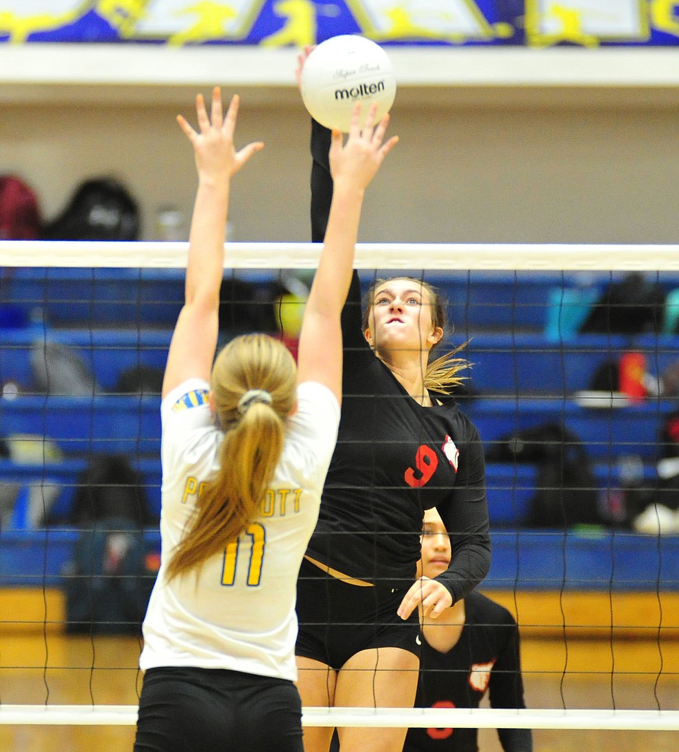 Bradshaw Mountain's Peyton Bradshaw slams a kill down the middle as the Bears traveled to Prescott for a cross-town volleyball matchup against the Badgers Thursday Sept. 6, 2018. (Les Stukenberg/Courier)