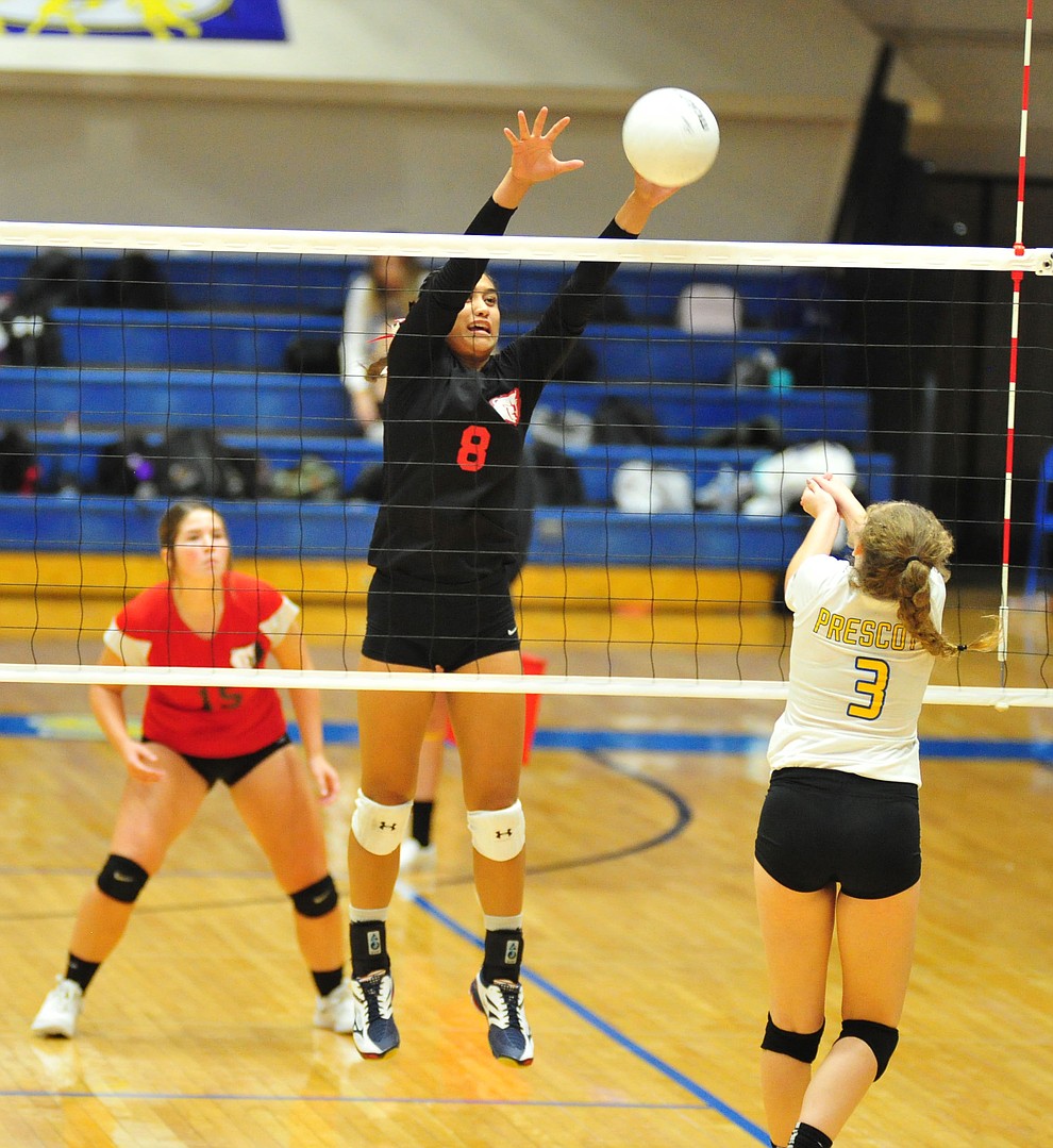 Bradshaw Mountain's Mailani Manuel goes for a block as the Bears traveled to Prescott for a cross-town volleyball matchup against the Badgers Thursday Sept. 6, 2018. (Les Stukenberg/Courier)