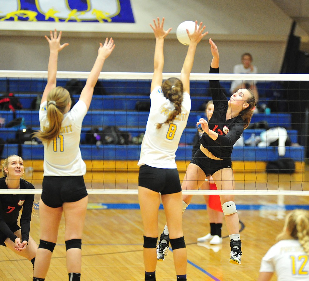 Bradshaw Mountain's Jordyn Moser goes cross court as the Bears traveled to Prescott for a cross-town volleyball matchup against the Badgers Thursday Sept. 6, 2018. (Les Stukenberg/Courier)