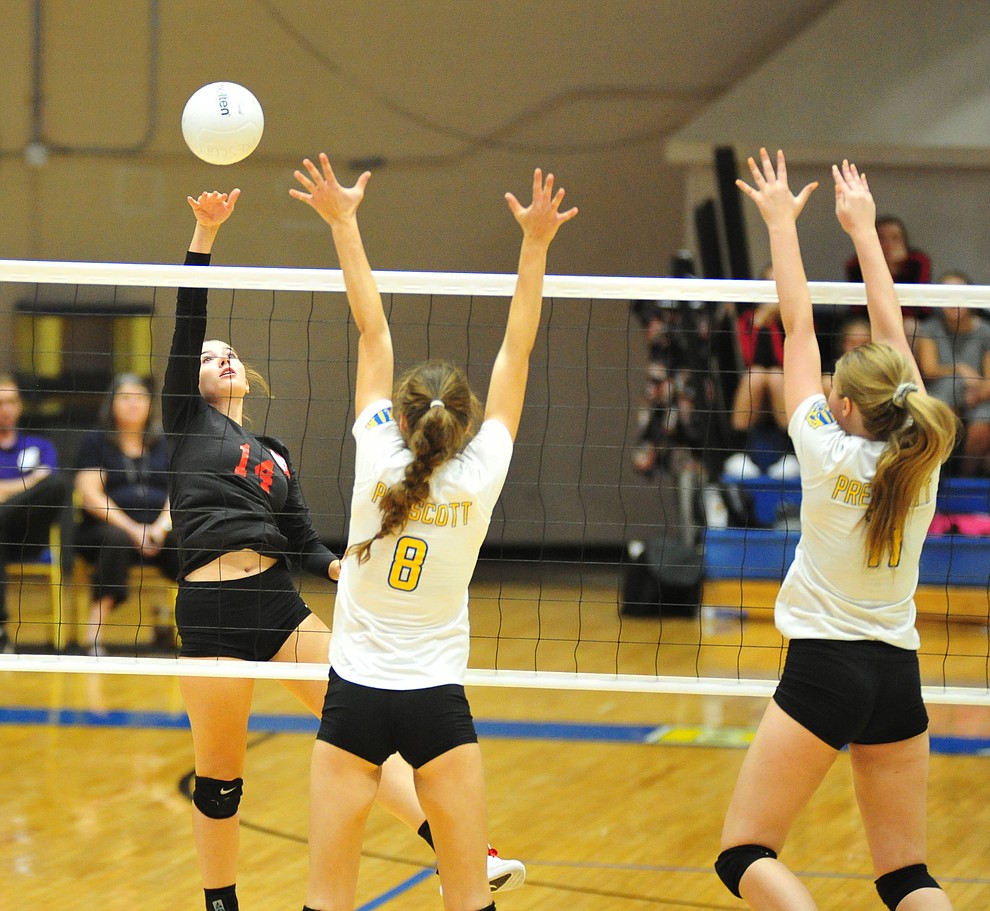 Bradshaw Mountain's Courtnie Cobb gets a tap as the Bears traveled to Prescott for a cross-town volleyball matchup against the Badgers Thursday Sept. 6, 2018. (Les Stukenberg/Courier)