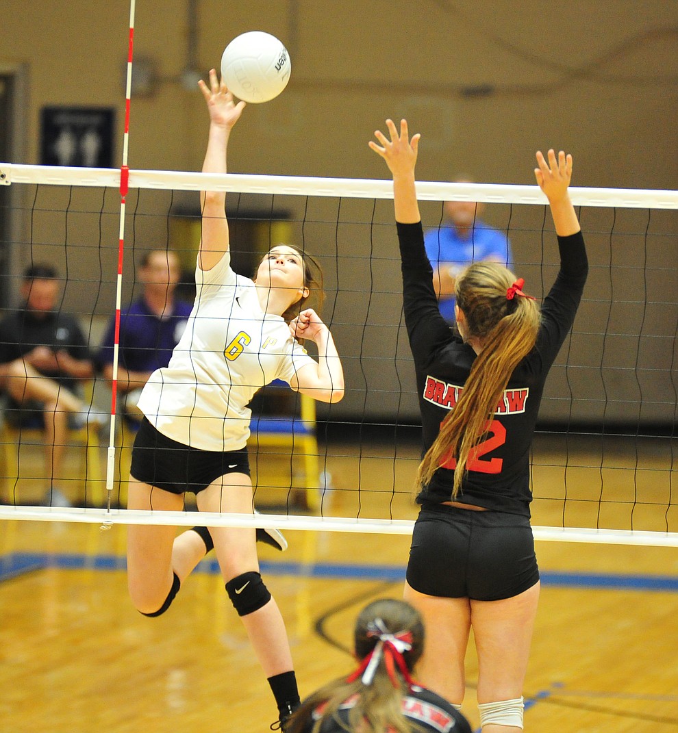 Prescott's Carrigan Baxter send the ball cross court as the Badgers hosted Bradshaw Mountain in a cross-town volleyball matchup Thursday Sept. 6, 2018. (Les Stukenberg/Courier)