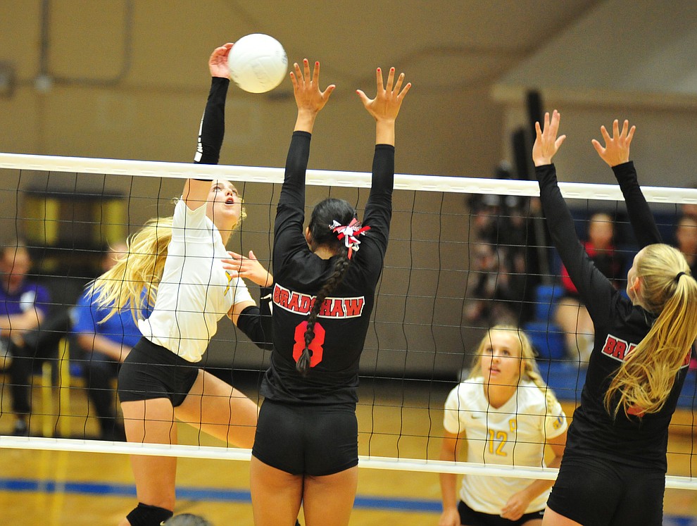 Prescott's Kathrine Radavich sends one cross court as the Badgers hosted Bradshaw Mountain in a cross-town volleyball matchup Thursday Sept. 6, 2018. (Les Stukenberg/Courier)