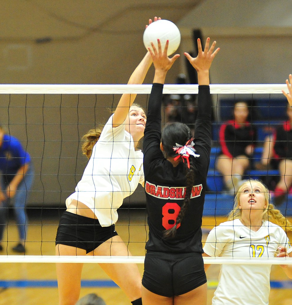 Prescott's Carrigan Baxter sends home a kill as the Badgers hosted Bradshaw Mountain in a cross-town volleyball matchup Thursday Sept. 6, 2018. (Les Stukenberg/Courier)