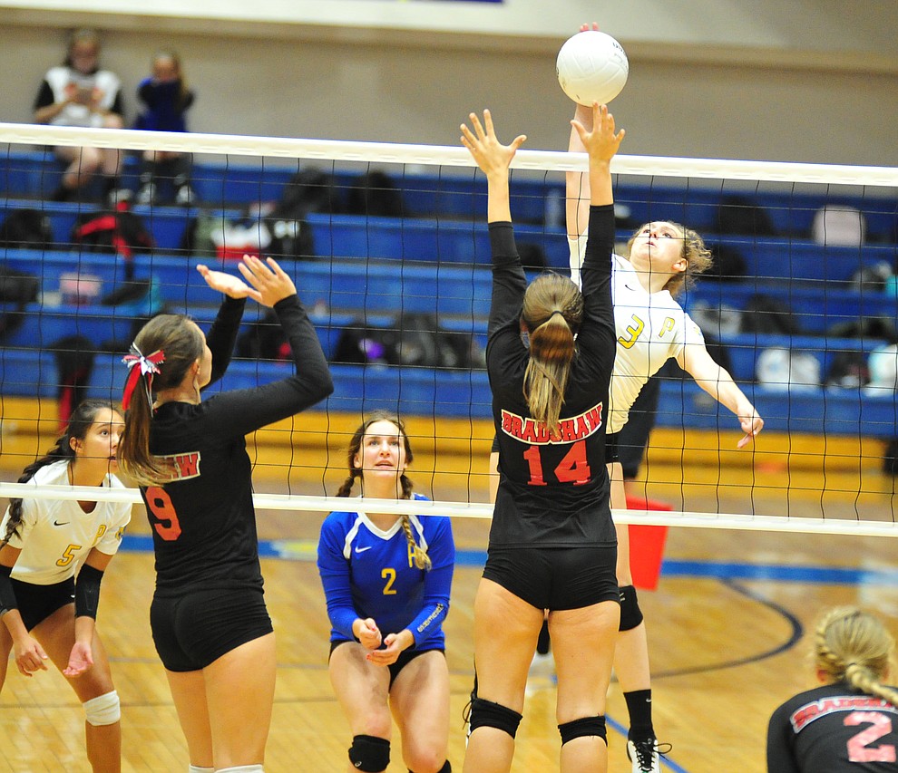 Prescott's Denali Skinner gets high as the Badgers hosted Bradshaw Mountain in a cross-town volleyball matchup Thursday Sept. 6, 2018. (Les Stukenberg/Courier)