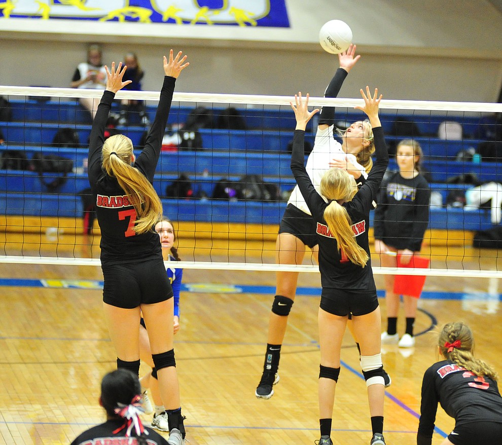 Prescott's Kathrine Radavich gets high for a kill as the Badgers hosted Bradshaw Mountain in a cross-town volleyball matchup Thursday Sept. 6, 2018. (Les Stukenberg/Courier)