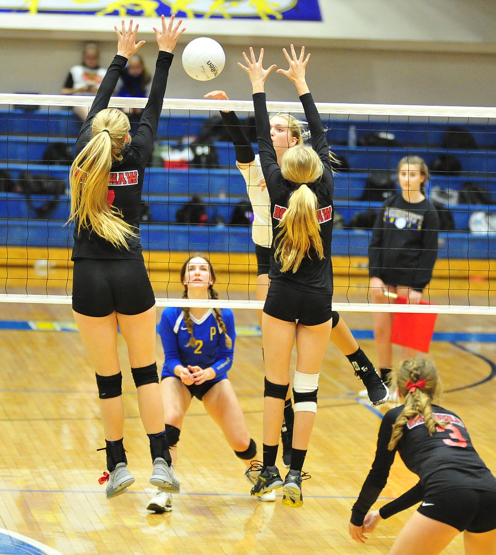 Prescott's Kathrine Radavich gets high for a kill as the Badgers hosted Bradshaw Mountain in a cross-town volleyball matchup Thursday Sept. 6, 2018. (Les Stukenberg/Courier)