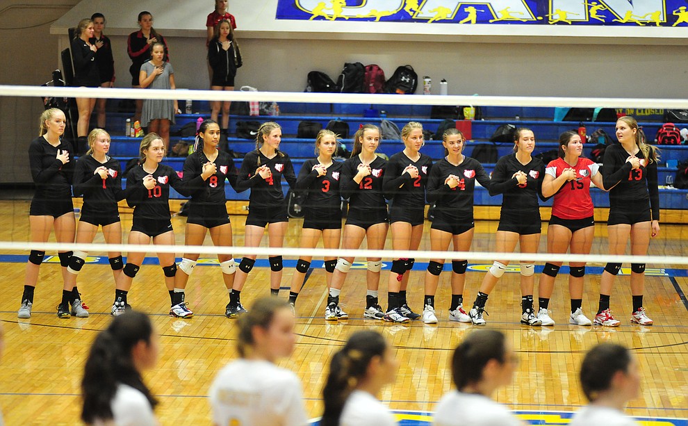 Bradshaw Mountain stand for the National Anthem as the Bears traveled to Prescott for a cross-town volleyball matchup against the Badgers Thursday Sept. 6, 2018. (Les Stukenberg/Courier)