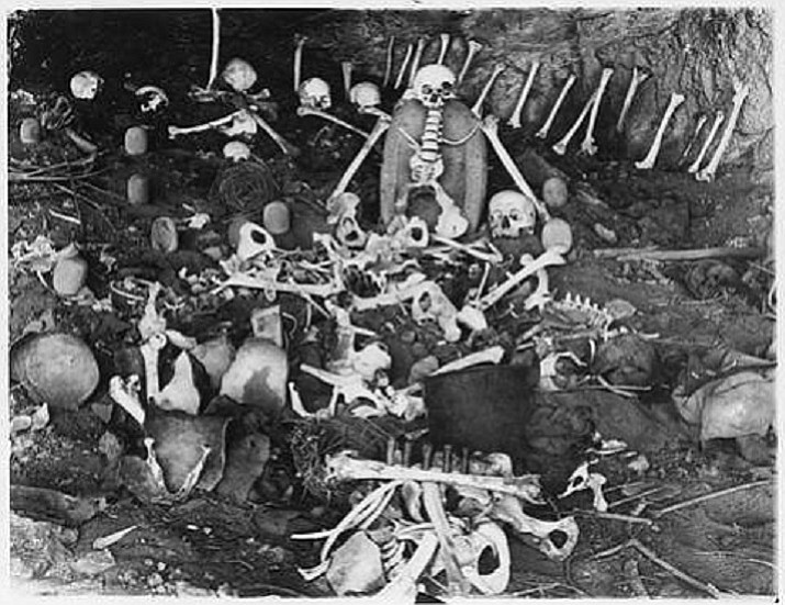 Skeletons were found in Skeleton Cave in the Salt River Canyon after the U.S. 5th Cavalry left the bodies there in 1872. According to offical U.S. Army reports, 54 Yavapai tribe members were killed and 20 captured, while only one member of the attacking side was killed and one wounded. (PD–US)