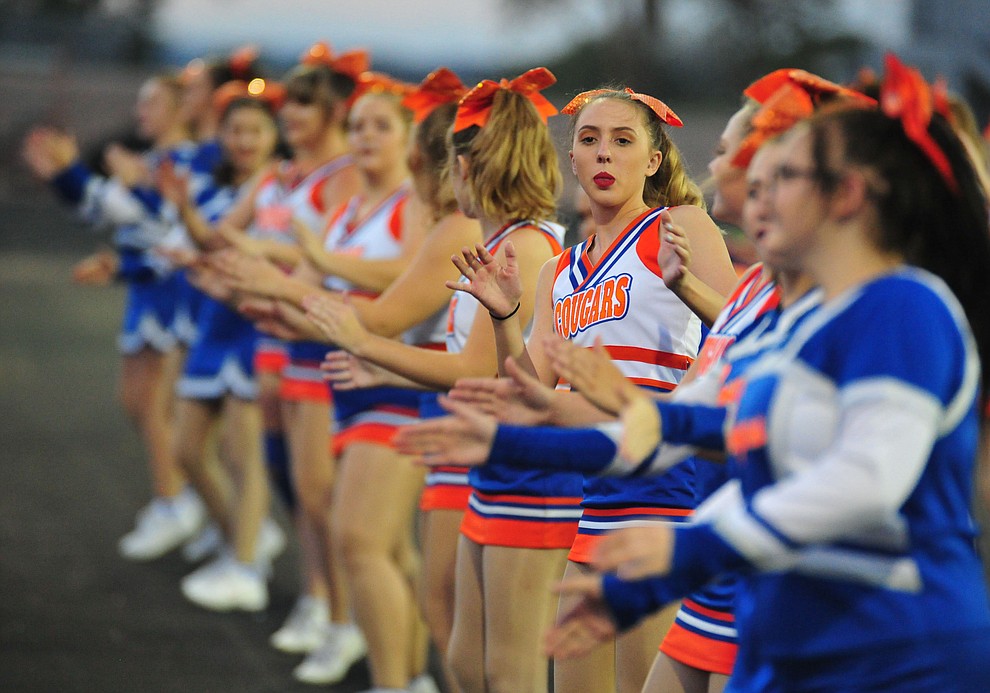 Chino Valley's cheerleaders are on the sidelines as they host Camp Verde in the annual Copper Boot game Friday Sept. 7, 2018 in Chino Valley. (Les Stukenberg/Courier)