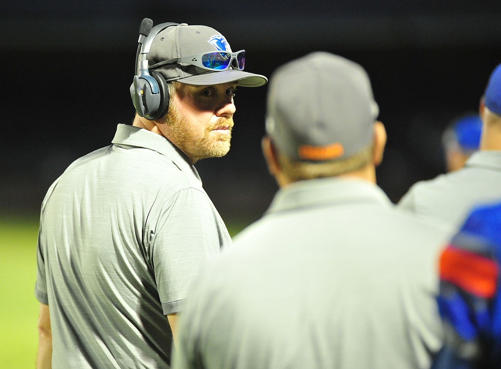 Chino Valley Head Coach Wade Krug as they host Camp Verde in the annual Copper Boot game Friday Sept. 7, 2018 in Chino Valley. (Les Stukenberg/Courier)