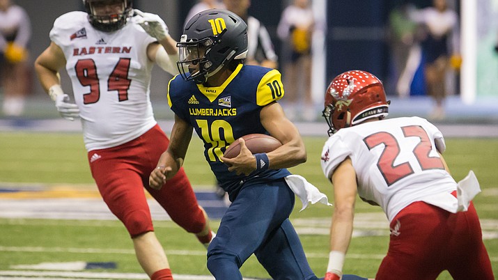 Sophomore Daniel Bridge-Gadd, who came into the game as a substitute, rallied the Lumberjacks to within five points at 31-26 with 1:51 left in regulation following a 13-play, 79-yard drive that culminated in a three-yard scoring toss to junior running back Joe Logan. (NAU Athletics/Courtesy)