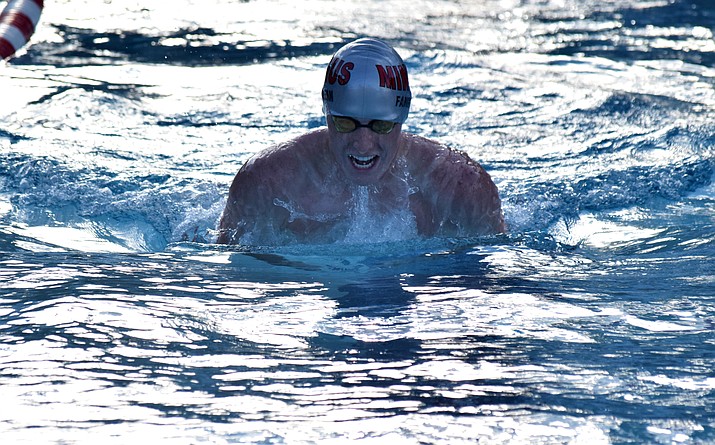 Mingus senior Fletch Fangman swims the breaststroke during a meet last month at home. VVN/James Kelley