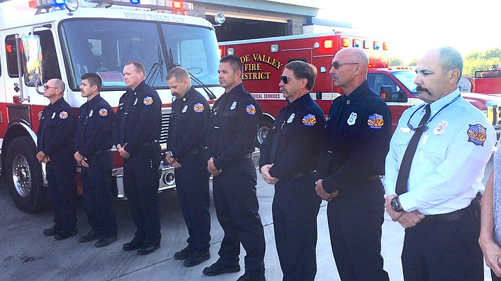 Tuesday morning, the Verde Valley Fire District employees lined up at the station on SR260 and listened to the following message: “On the morning of September 11, 2001, the United States found itself under attack. Today is the anniversary of a fateful day that changed the lives of everyone in America. 343 firefighters, 23 police officers, 37 Port Authority officers and 2,574 civilians lost their lives. It was at this exact time that the first tower collapsed 17 years ago today. We respectfully ask that all members of our local Fire, EMS and Law Enforcement agencies take a moment of silence to honor the 2,977 people who lost their lives in and around the World Trade Center, the Pentagon and in the field of Shanksville, Pennsylvania. We honor and remember the thousands of victims of cancer and other health issues related to the September 11th attacks.”  VVN/Vyto Starinskas