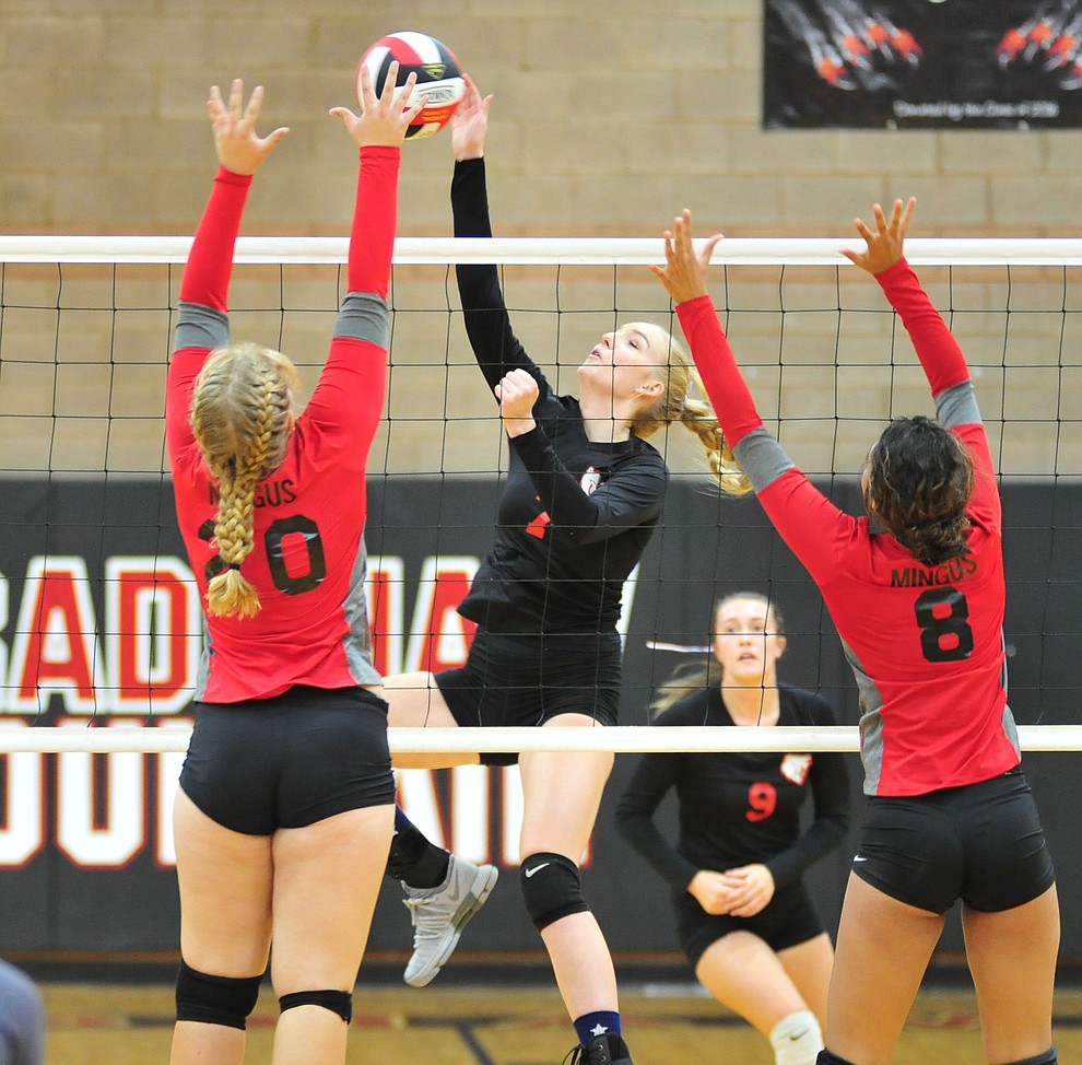 Bradshaw Mountain's Rylee Bundrick hits a kill as the Bears faced the Mingus Marauders in a volleyball matchup Tuesday, Sept. 11, 2018 in Prescott Valley. (Les Stukenberg/Courier)