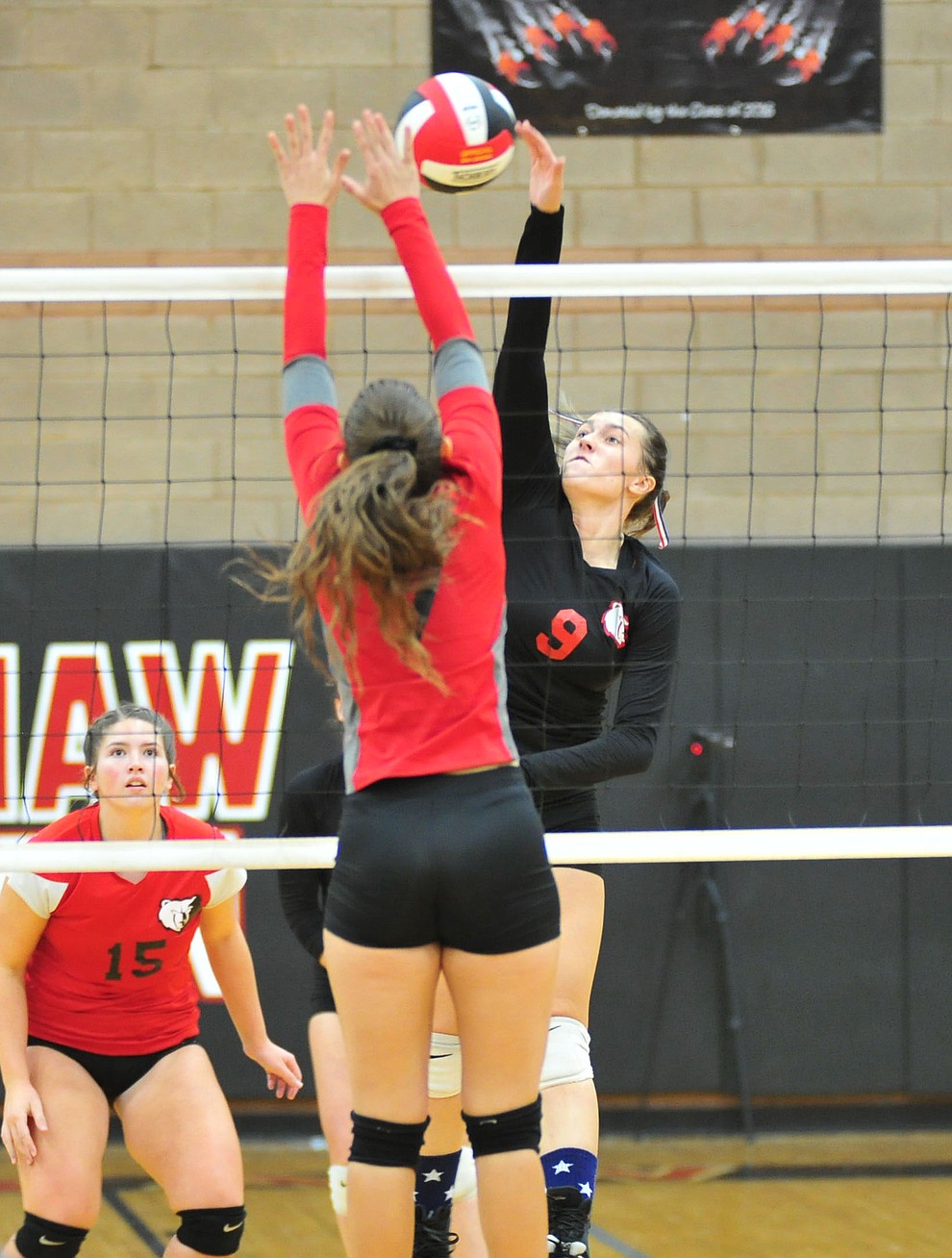 Bradshaw Mountain's Peyton Bradshaw goes high for a kill as the Bears faced the Mingus Marauders in a volleyball matchup Tuesday, Sept. 11, 2018 in Prescott Valley. (Les Stukenberg/Courier)
